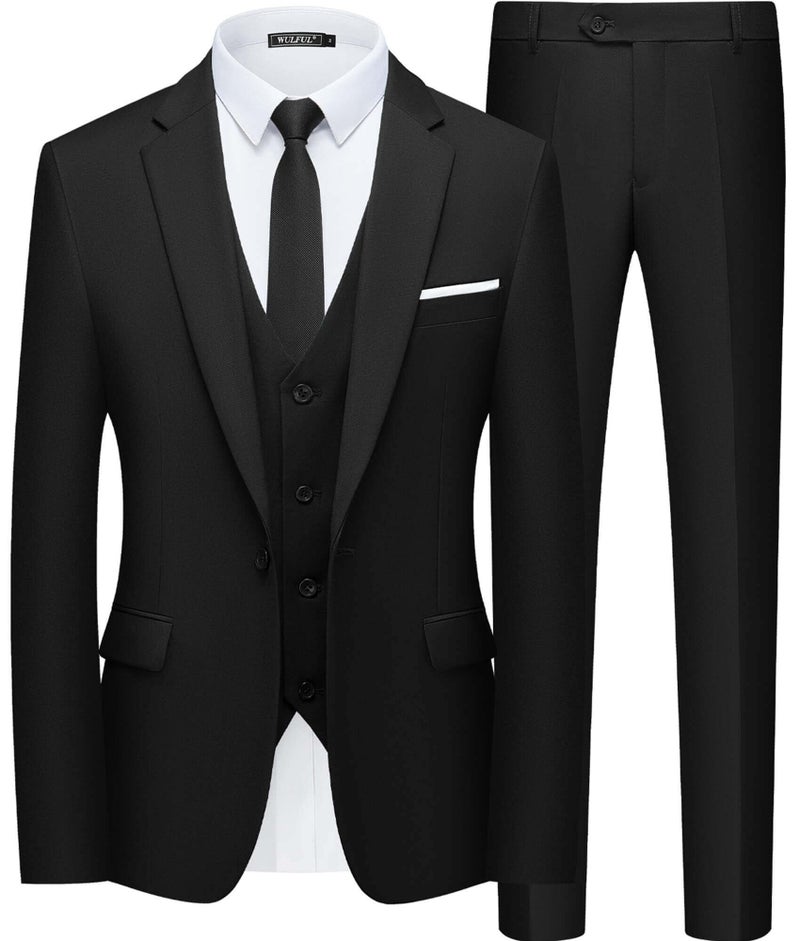 WULFUL Menâ€™s Slim Fit Suit One Button 3-Piece Blazer Dress Business Wedding Party Jacket Vest & Pant Black - Image 1